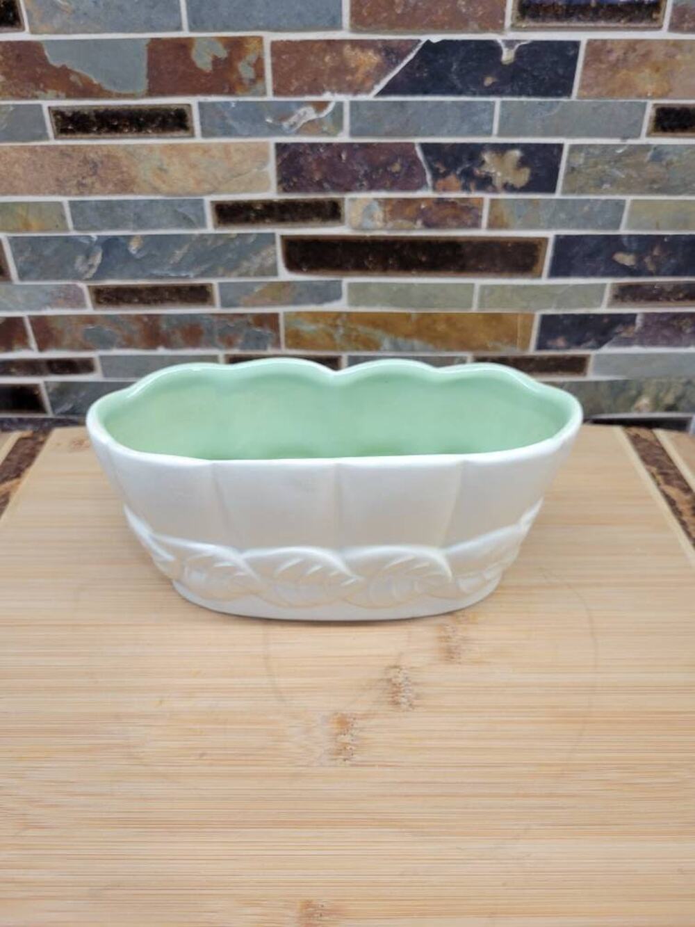 Vintage Red Wing Pottery Planter B1402 MCM Matte White Green Scalloped Leaf